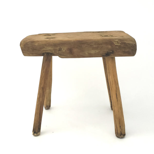 Primitive Handcrafted Wooden Farm Stool with Mortise and Tenon Construction