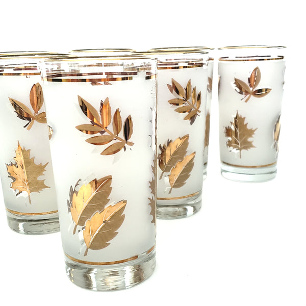 Mid Century Frosted Gold Leaves Glass Set of 8 Metal Carrier Wood Grip by Libbey