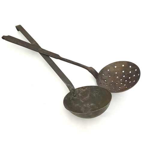 Early American Rustic Iron Ladle and Skimmer Hearth Accent