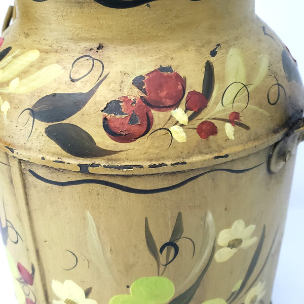 Vintage Folk Art Painted Metal Milk Can with Lid Bail Handle Signed Mary Walborn