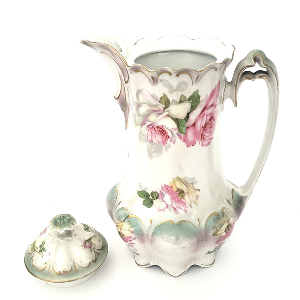 Antique Porcelain Chocolate Pot by MZ Austria Pink Roses Satin Finish