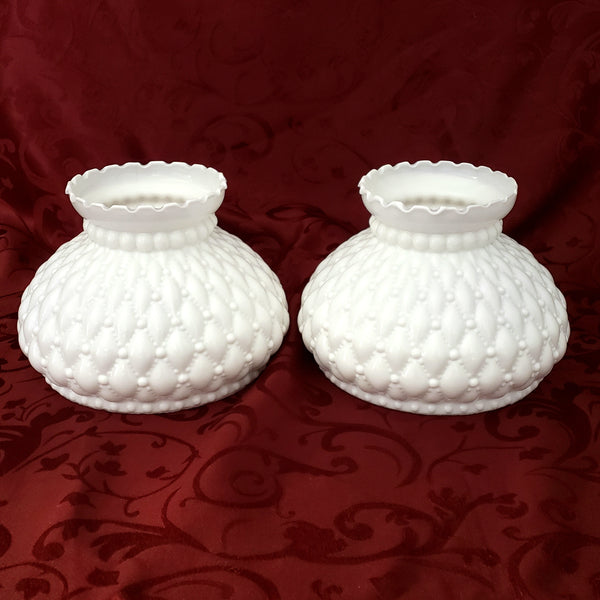White Milk Glass Student Lamp Shades Diamond Quilted Pattern 6.5" Fitter Set of 2