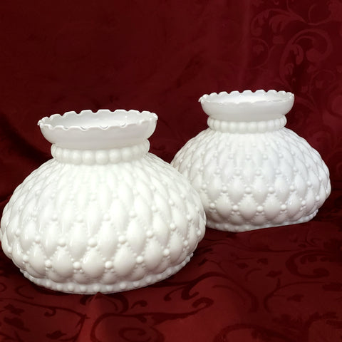 Vintage White Glass Student Lamp Shades Diamond Quilted Pattern Set of 2