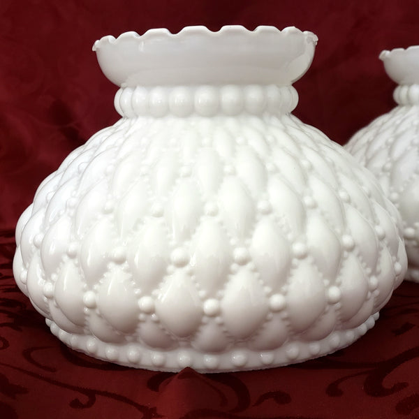 White Milk Glass Student Lamp Shades Diamond Quilted Pattern 6.5" Fitter Set of 2