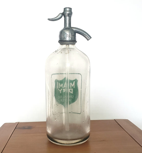 Vintage MIAMI DRY Clear and Green Glass Siphon Seltzer Bottle Sparkling Water