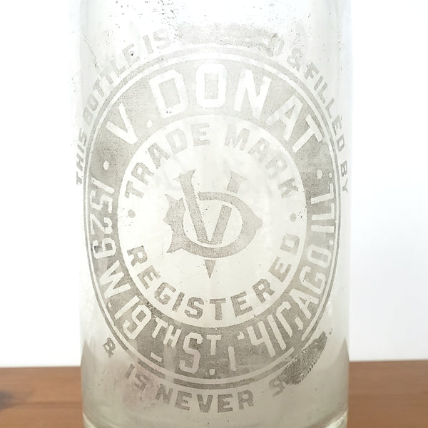 Vintage V DONAT Clear Etched Siphon Seltzer Bottle Chicago Illinois