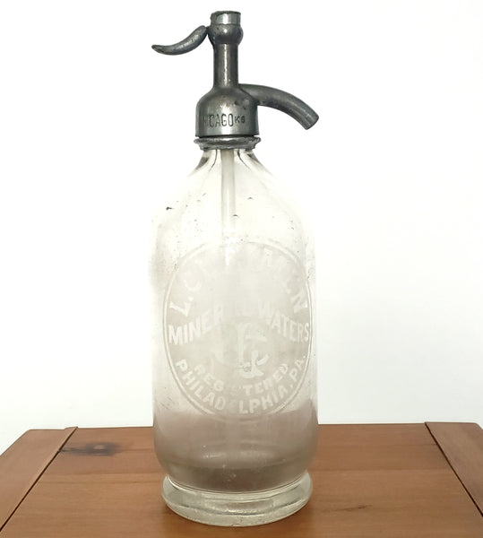 Vintage Clear Siphon Seltzer Bottle L. CLEIMEN Mineral Waters Philadelphia PA