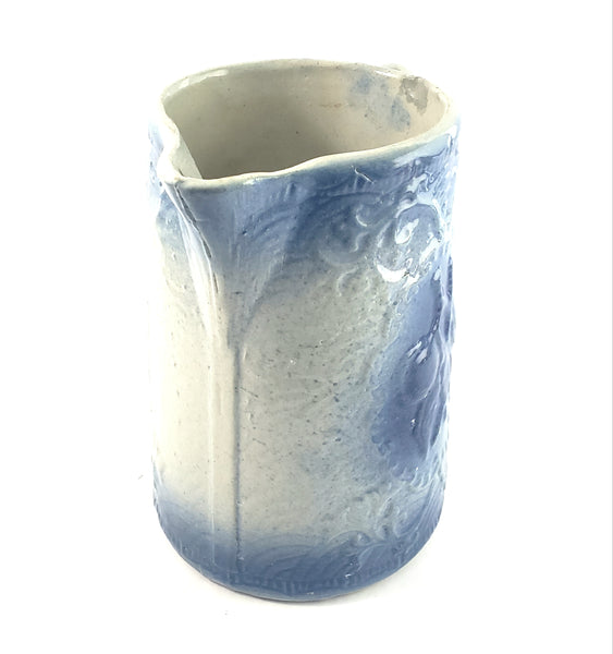 Antique Blue and White Salt Glazed Stoneware Pitcher 8" Fruit Pattern