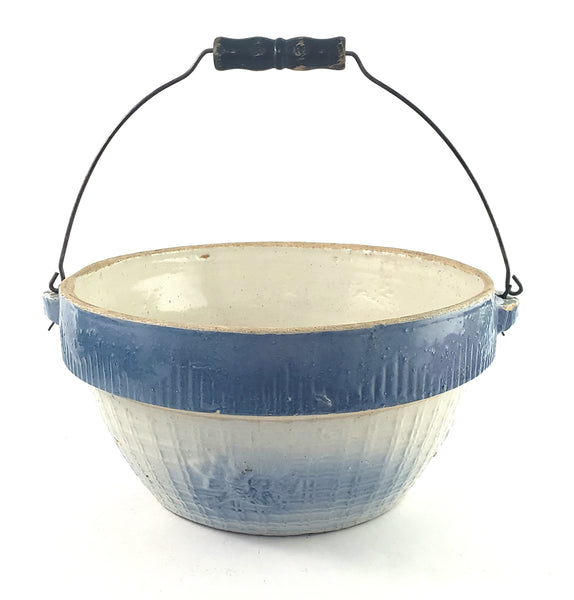 Antique Blue & White Salt Glaze Stoneware Bowl Bale Handle Apple Blossom & Trellis