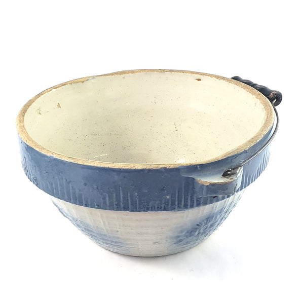 Antique Blue & White Salt Glaze Stoneware Bowl Bale Handle Apple Blossom & Trellis
