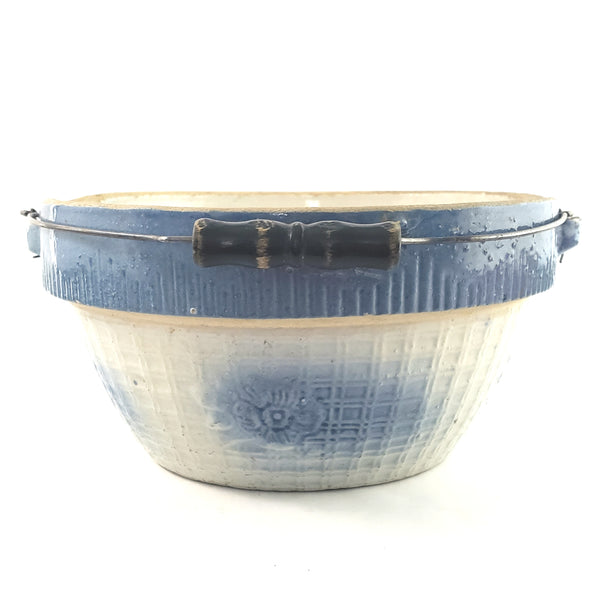 Antique Blue & White Salt Glaze Stoneware Bowl With Bale Handle Apple Blossom & Trellis 