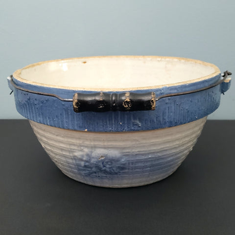 Antique Blue & White Salt Glaze Stoneware Bowl With Bale Handle Apple Blossom & Trellis