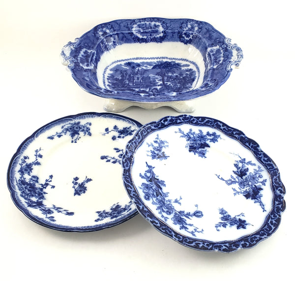 Antique English Flow Blue Luncheon Plates and Tureen No Lid Collection of 3