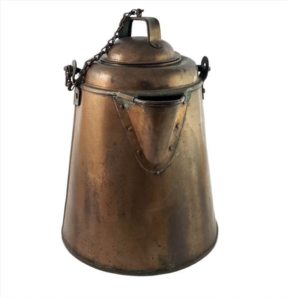 Antique Large Copper Cowboy Coffee Pot Wooden Bail Handle Original Chain