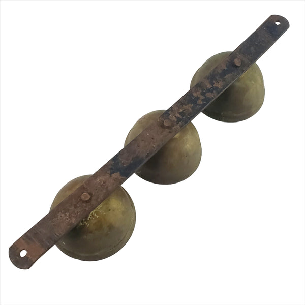Vintage Brass Carriage Sleigh Bells Triple Clapper on Metal Strap