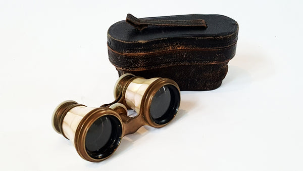 Antique DU BARRY PARIS Mother Of Pearl & Brass Opera Glasses Original Case - Needs Repair