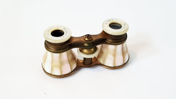 Antique DU BARRY PARIS Mother Of Pearl & Brass Opera Glasses Original Case - Needs Repair