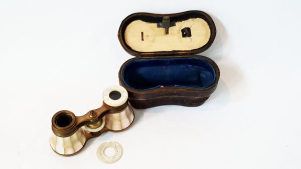 Antique DU BARRY PARIS Mother Of Pearl & Brass Opera Glasses Original Case - Needs Repair
