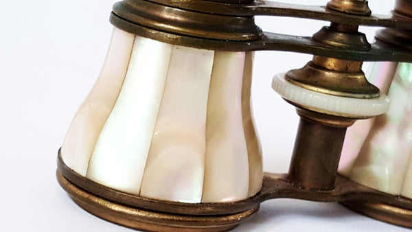 Antique DU BARRY PARIS Mother Of Pearl & Brass Opera Glasses Original Case - Needs Repair