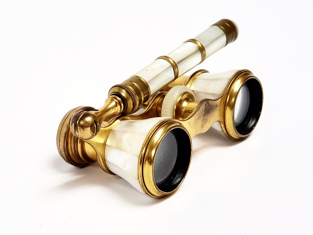 Antique IRIS PARIS Mother of Pearl and Brass Opera Glasses w/ Handle