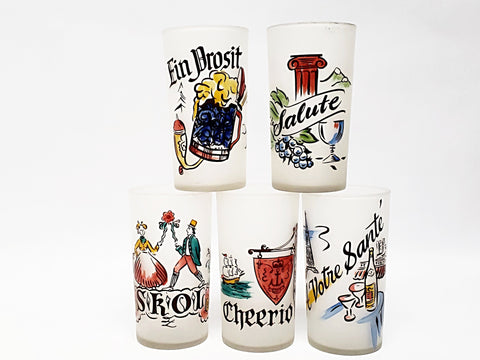 Vintage Frosted Glass Tumblers - The Toast In 5 Different Languages