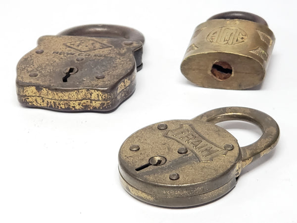 Vintage Brass Padlocks - F-S HDW Co., Fraim, Acme - Group of 3  No Keys c. 1920 - 1940's