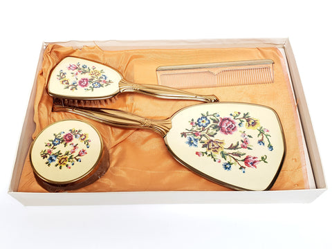 Vintage 4 Pc Petit Point Embroidered Floral Dresser Gift Set Original Box U.S.A.