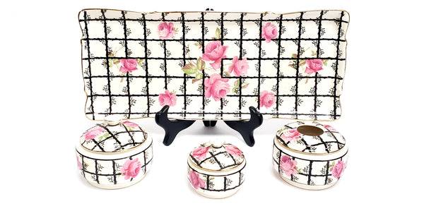 Antique Crown Ducal ware Pink & Black 7 Piece Dresser Set - England Early Mark