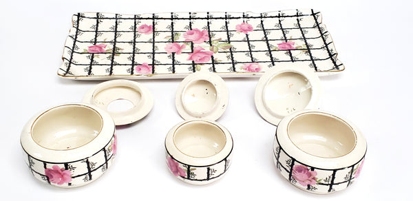 Art Deco Pink & Black 7 Piece Dresser Set Crown Ducal England Early Mark 1916-1929