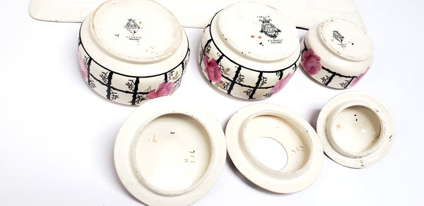 Art Deco Pink & Black 7 Piece Dresser Set Crown Ducal England Early Mark 1916-1929