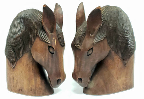 Vintage Wood Carved Sculptural Horse Heads - Set of 2