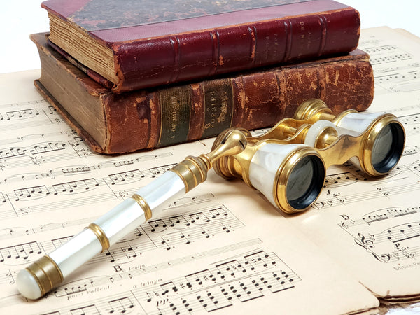 Antique IRIS PARIS Mother of Pearl and Brass Opera Glasses w/ Handle