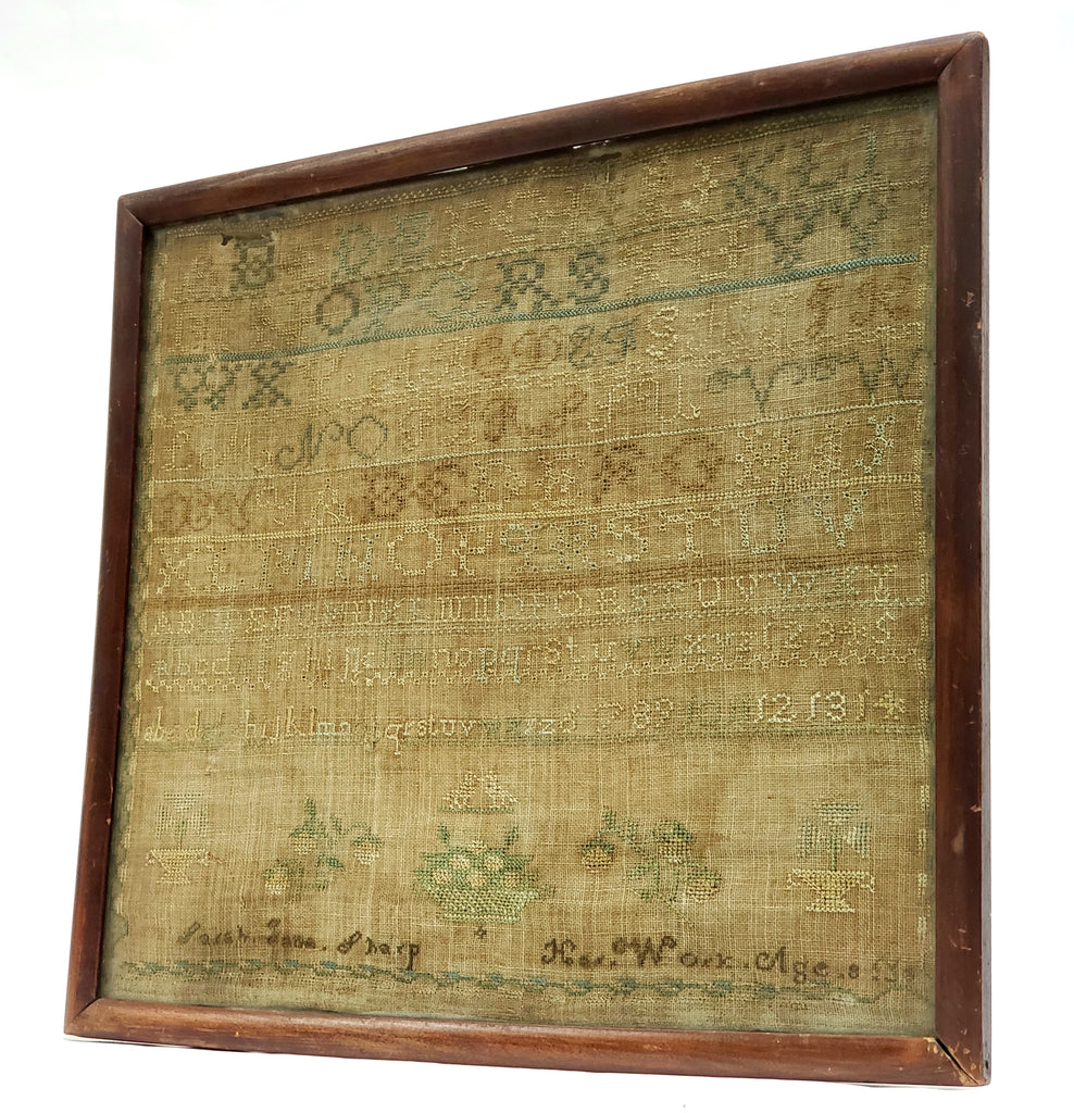 Antique 19th Century Framed Child's American School Girl Alphabet Sampler - Signed