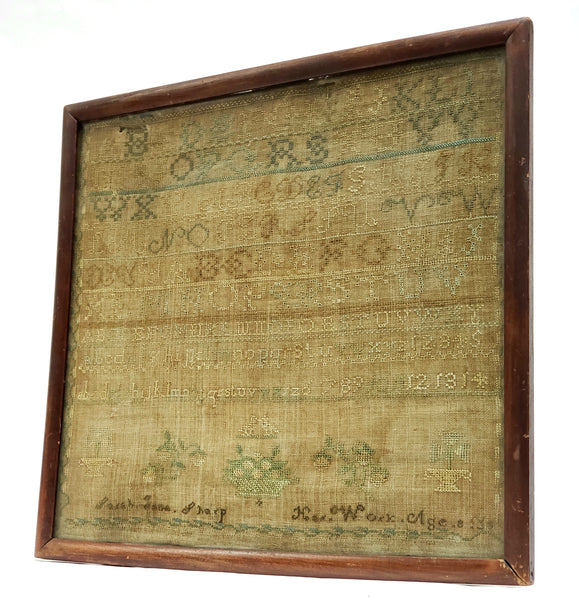Antique 19th Century Framed Child's American School Girl Alphabet Sampler - Signed