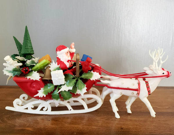 Vintage Plastic Santa on Sleigh w/ Two Reindeer, Snowmen and Presents ~ Mid Century