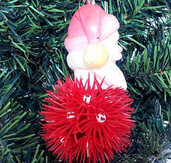 Mid Century Plastic Santa Head Tree Ornament with Porcupine Ball Body - 4 inch
