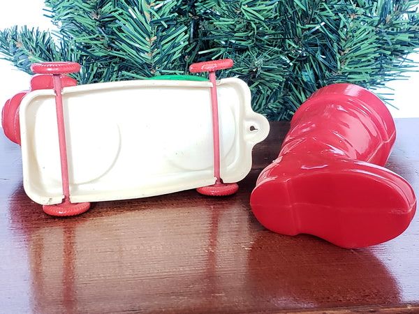 Americana Vintage Plastic Candy Container Holders - Boot and Santa Pull Cart on Wheels ~ 1950's