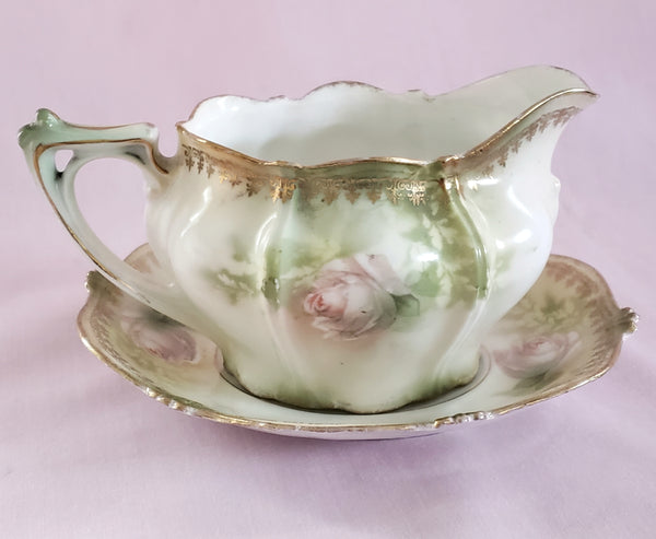 RS Prussia Creamer w/ Matching Saucer White & Pink Roses Red Mark Germany c. 1904-1918