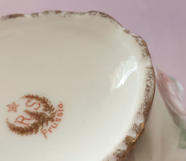 RS Prussia Creamer w/ Matching Saucer White & Pink Roses Red Mark Germany c. 1904-1918