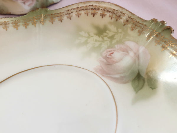 RS Prussia Creamer w/ Matching Saucer White & Pink Roses Red Mark Germany c. 1904-1918
