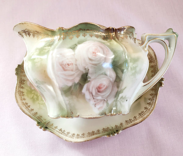 RS Prussia Creamer w/ Matching Saucer White & Pink Roses Red Mark Germany c. 1904-1918