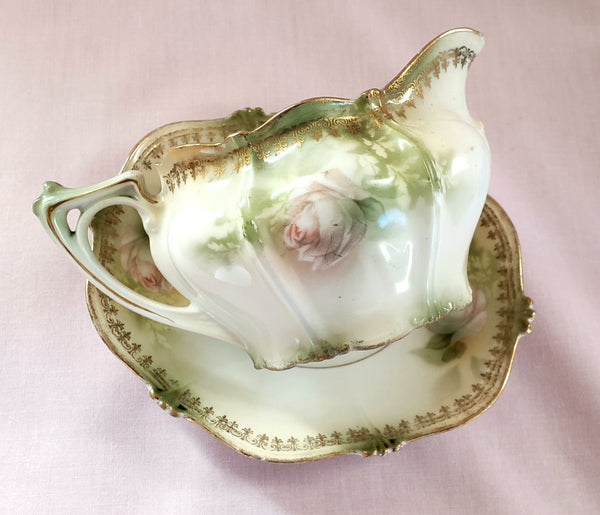 RS Prussia Creamer w/ Matching Saucer White & Pink Roses Red Mark Germany c. 1904-1918