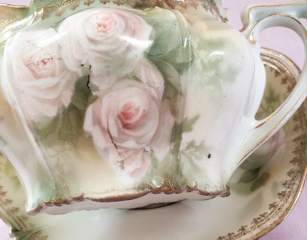 RS Prussia Creamer w/ Matching Saucer White & Pink Roses Red Mark Germany c. 1904-1918