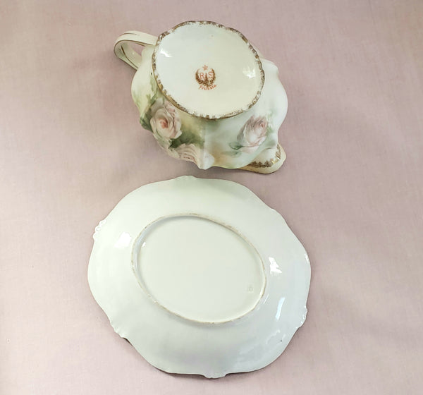 RS Prussia Creamer w/ Matching Saucer White & Pink Roses Red Mark Germany c. 1904-1918