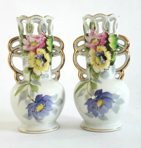 Occupied Japan 6" Floral Vases w/ Articulated Edge and Handles by UCAGCO (Set of 2)