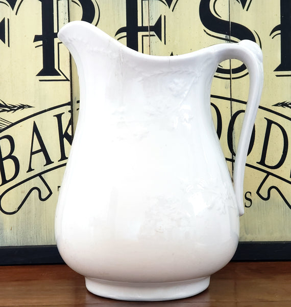Antique 10 inch White Ironstone Pitcher Ivy Vines by Meakin & Co c. 1865-1882
