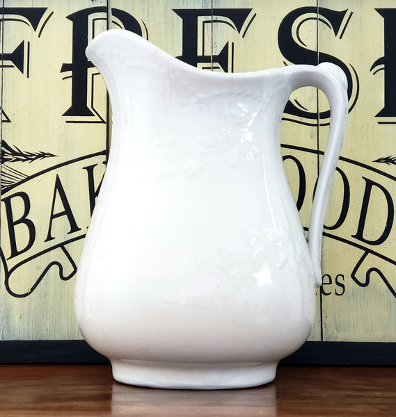 Antique 10 inch White Ironstone Pitcher Ivy Vines by Meakin & Co c. 1865-1882