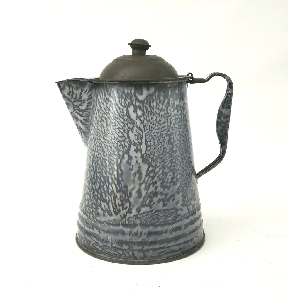 Antique Gray Mottled Granite Ware Enamel 8 1/2 inch Coffee Pot with Tin Lid