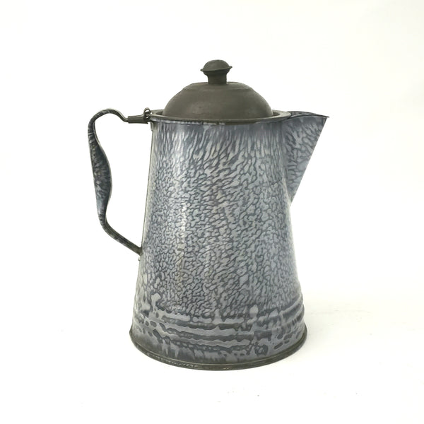 Antique Gray Mottled Granite Ware Enamel 8 1/2 inch Coffee Pot with Tin Lid