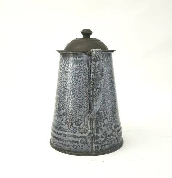 Antique Gray Mottled Granite Ware Enamel 8 1/2 inch Coffee Pot with Tin Lid